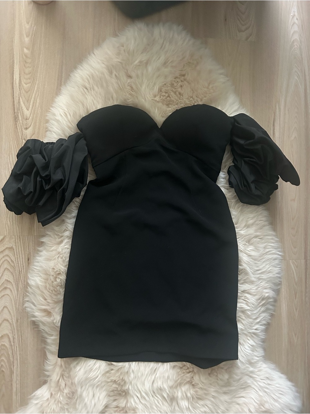 Ronny Kobo Collection Black Strapless Puff Sleeve Mini Dress